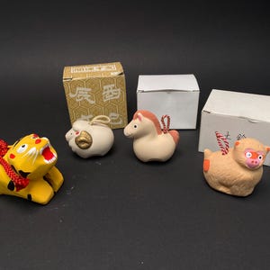 Japanese Zodiac Clay bell Figurine, Clay Doll Figure lucky charm Tiger, Sheep, Horse, & Monkey Ornament