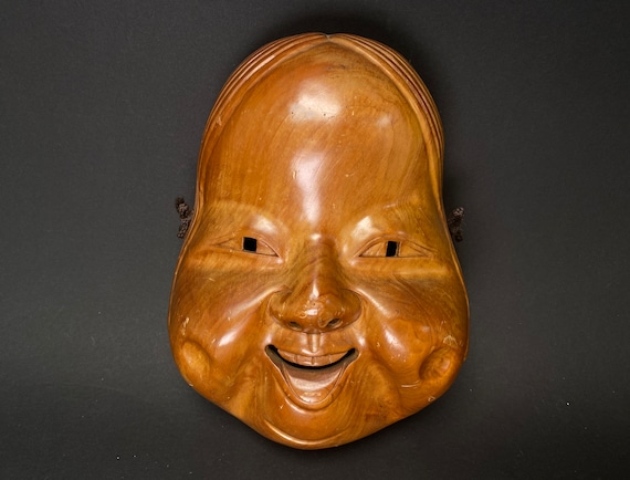 Japanese Wood Okame Noh Mask: Hand Carved Lady Kabuki, H8.75
