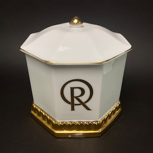 Japanese Big Container Lidded Pot, Letter R, CAN, Canister, Gold and white Ceramic Big Jar H7.5&quot;×W6.75&quot; Vintage