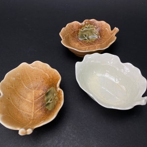 Japanese Shigaraki Set of 3 Foliage Leaf Design Dishes, Dipping Saucers Fall