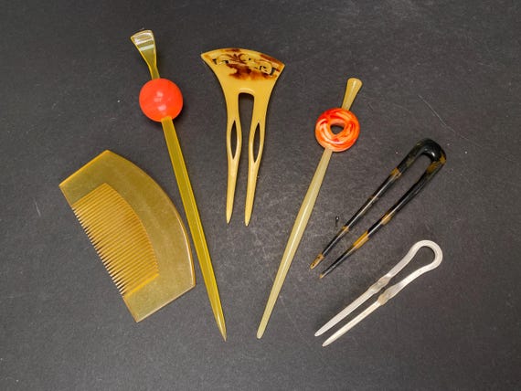 Ensemble vintage japonais kanzashi, peigne en fausses écaille de tortue et épingles à cheveux en bâton kogai - France