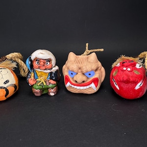 Japanese Clay Bell Vtg Dorei, Halloween, demon clay bell,  Vtg Karura Karasu Tengu Yokai Pottery, Lucky Charm