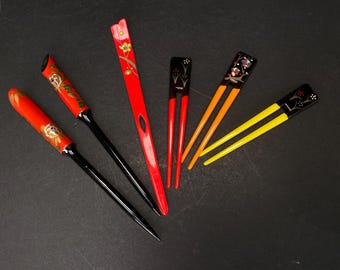 Japanese Kanzashi Kimono Geisha, Red & Black lacquerware hair stick, Tama, Hair Ornament, mother of pearl
