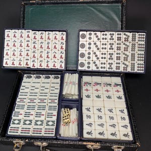 Antique Mah Jong Bamboo Tile Japanese Set, portable Case, Japan dealing game Vintage, mahjong gift,  unique gift for family