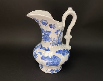 Japanese Ikebana Vase,  with handle, Big, H11.5" Art Pottery,  Landscape Pattern, Blue and White ceramic