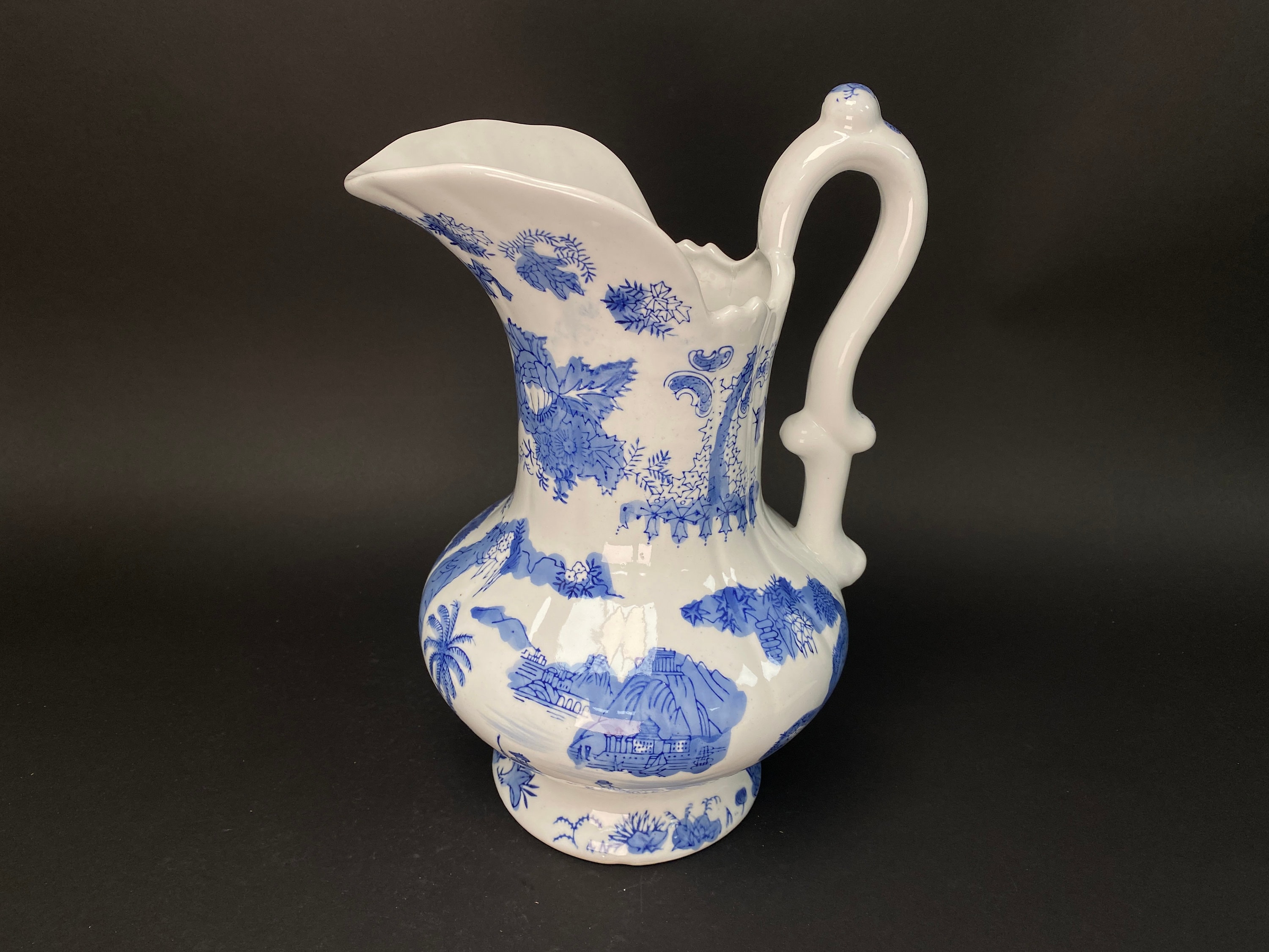 Japanese Big Blue & White Vase,  with handle, Big, H11.5" Art Pottery,  Landscape Pattern, Blue and White ceramic