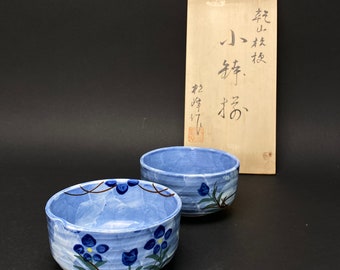 Japan handmade Kikyo Bowl, Floral Bowl by Matsumine, Dia 4.5", New, Japan handmade Soup bowl, blue, Made in Japan