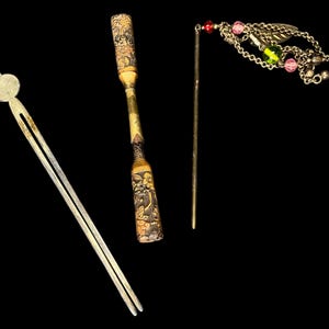 Japanese Kanzashi Antique Metalwork Hairpin Silver Hair Stick, Kogai, Ogi, Kimono Geisha Bira-bira, Metal hair stick, Hair Ornament