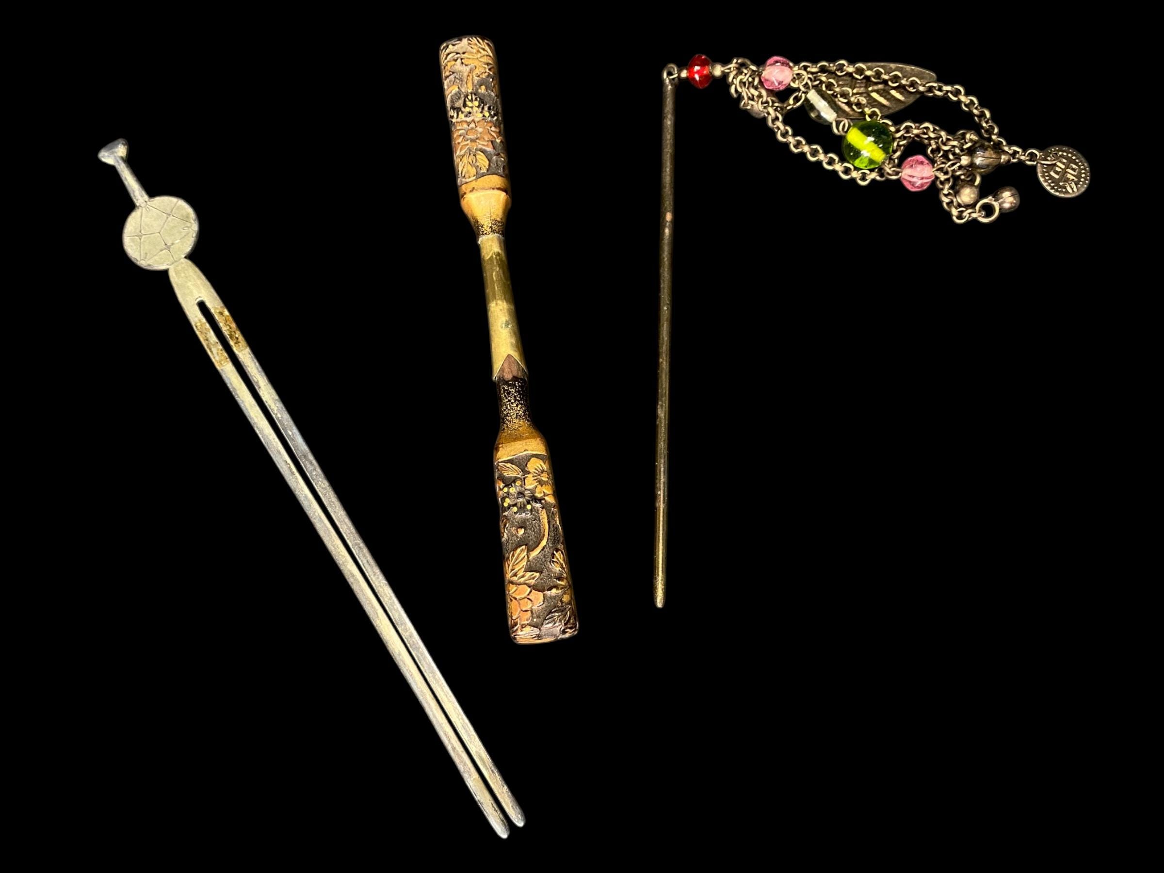 Japanese Kanzashi Antique Metalwork Hairpin Silver Hair Stick, Kogai, Ogi, Kimono Geisha Bira-bira, Metal hair stick, Hair Ornament