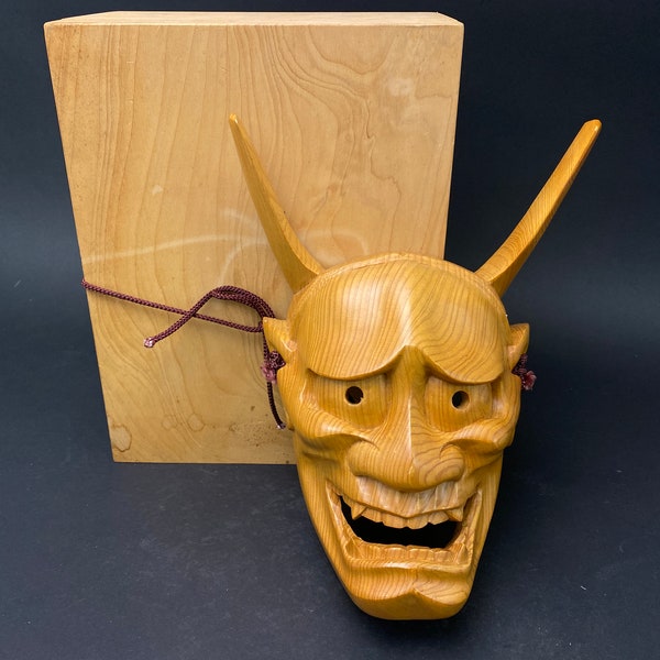 Japanese Wood Mask, TENGU Kagura, with wood box, oni demon Hannya devil, wood craft Mask w/box