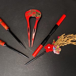 Japanese Kanzashi Kimono Geisha, Red & Black lacquerware hair stick, Tama, Bride Kanzashi, Hair Ornament