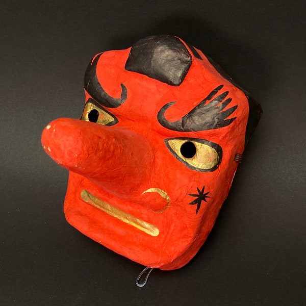 Vintage JAPAN Folk Art Red Paper Mask Japanese Kyogen, Noh Mask Plaque, Tengo Mask