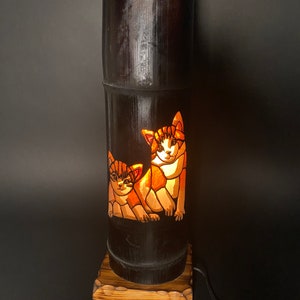 Bamboo Lamp Japanese Style Cat Night Light, H15&quot; Carved Moso Bamboo Lantern, Animal Art Decor, Eco Friendly Cat Lover Gift