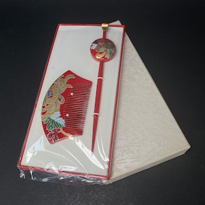 Japanese Maiko Geisha Hair Accessories Set Comb+ Hair Pin, Red & Gold, Bride Kanzashi, Kimono hair stick w/co-box