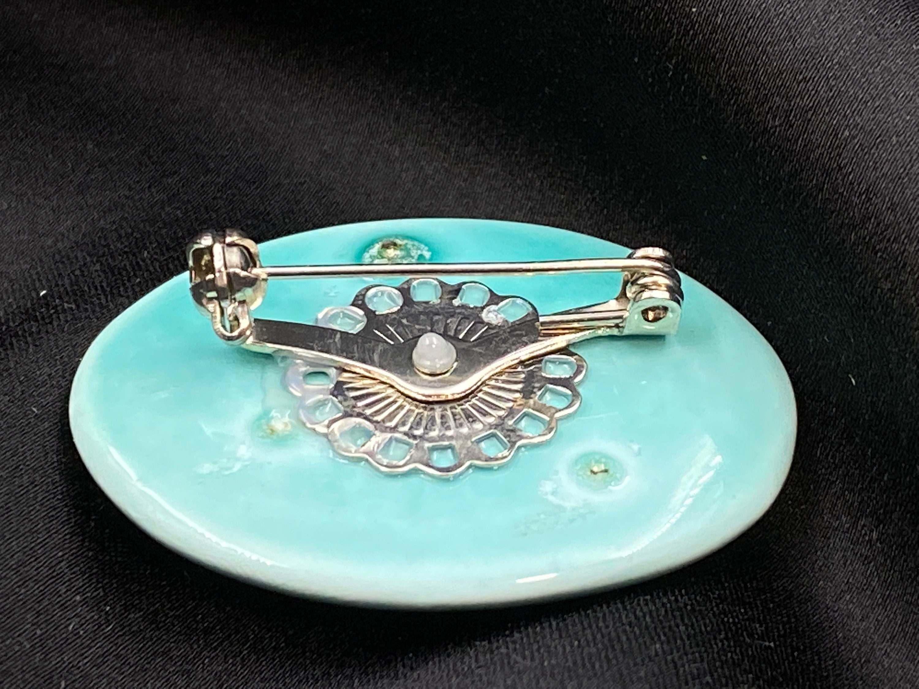Japanese Ceramic Brooch Oval Vintage Jewelry, Seto Glaze