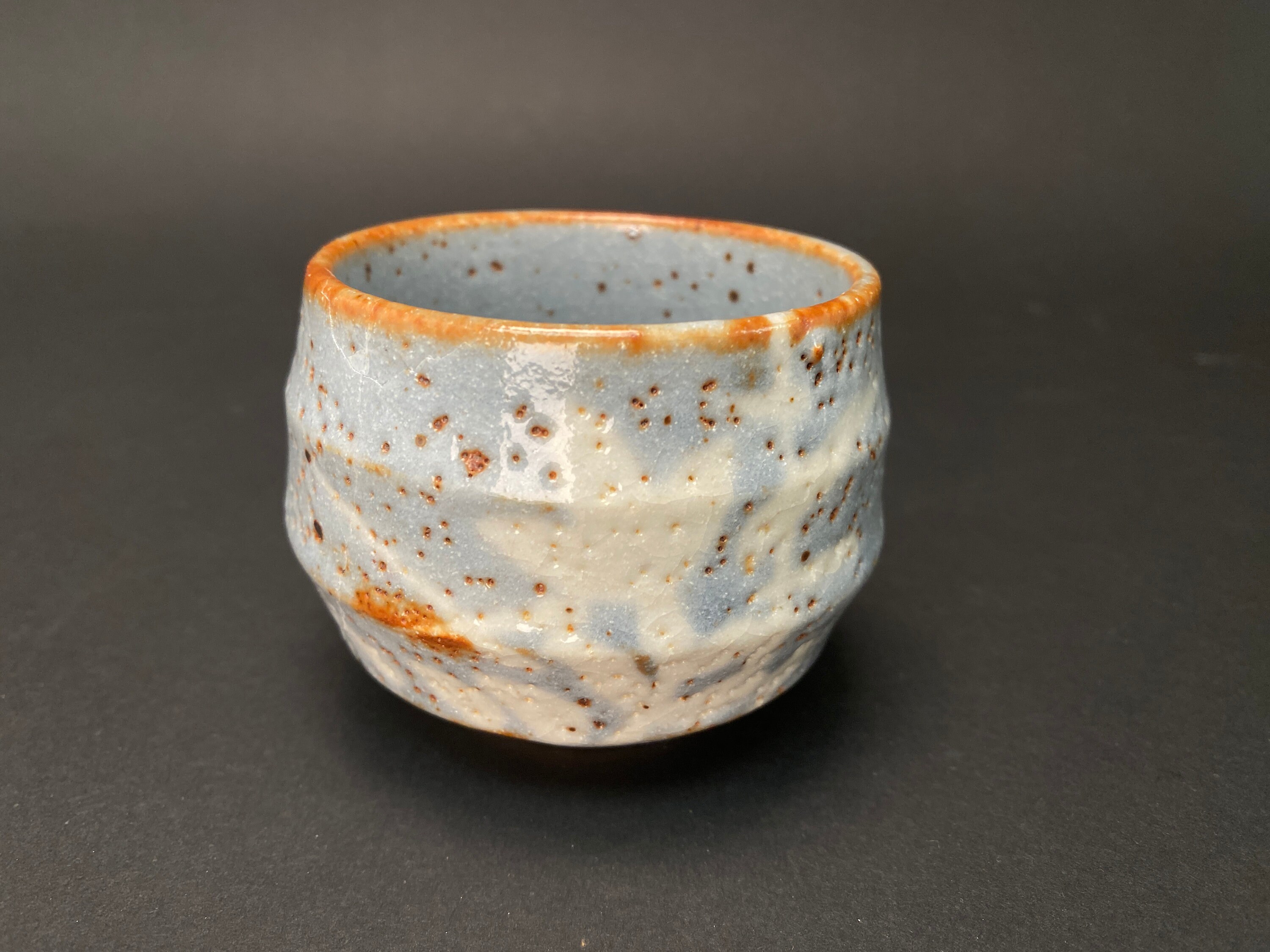 Shino Yaki Tea Cup Signed, Nezumi Shino Blue Tea Cup and