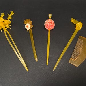 Japan Kanzashi Kimono Geisha, Unique Yellow lacquerware hair stick, transparent Tama, Kushi Comb, Hair Ornament