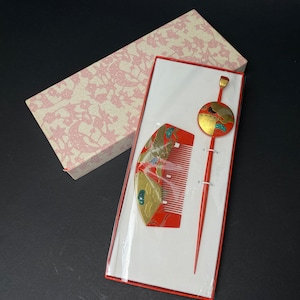 Japanese Maiko Geisha Hair Accessories Set of 2 Comb & Hair Stick, Red and Gold, Bride Kanzashi, Kimono Tama w/box