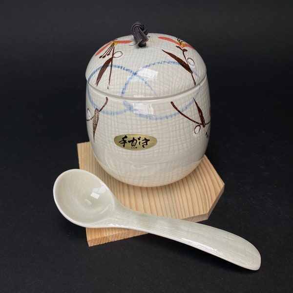Japanese Savory Egg Custard lidded Bowl with spoon and wooden pad,base pad, cushion, made in Japan