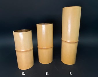 Japanese Nature Bamboo Vase, Ikebana Flower Vase, Brass Water Container inside, in 3 Different Sized Cylinder Pots H8.5”-12.75"
