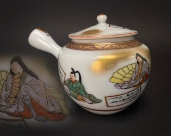 RARE Japanese Kutani Teapot, side handle teapot, Immortals, Hand painted satsuma Art Ceramic, calligraphy poetry pattern