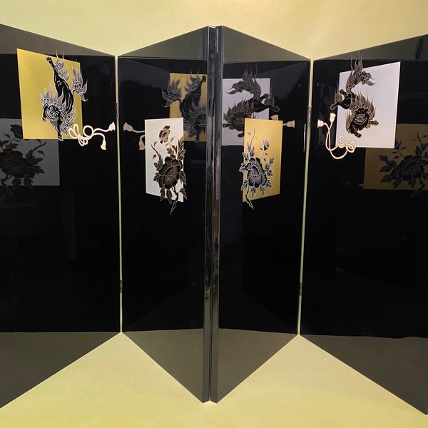 Pair of Byobu, Japanese folding Panels Set,Black lacquer, Japan Byobu Modern Gold & Silver folding screen H 27.5"xW 60"Vtg w/original box