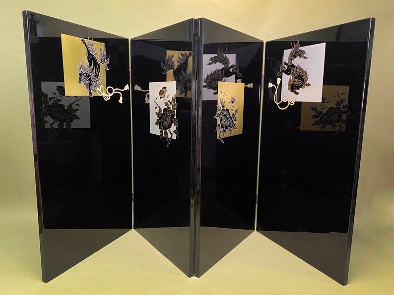 Pair of Byobu, Japanese folding Panels Set,Black lacquer, Japan Byobu Modern Gold & Silver folding screen H 27.5xW 60Vtg w/original box image 1