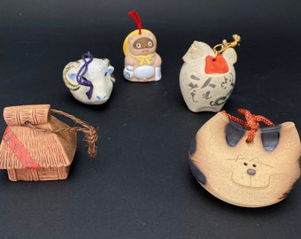 Japanese Clay Bell, Vintage Dorei, Handmade Ceramic Cat, House, Racoon, Zodiac Horse, hanging ornament decor