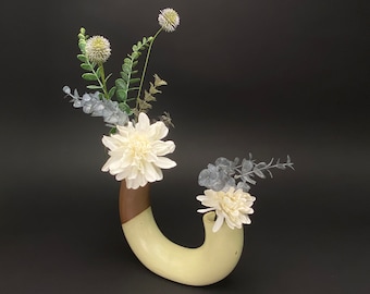 Japan Ikebana Vase, Art Pottery Tube Vessel Curled Smile Japan Ikebana Vase, Art Pottery Tube Vessel Curled Smile