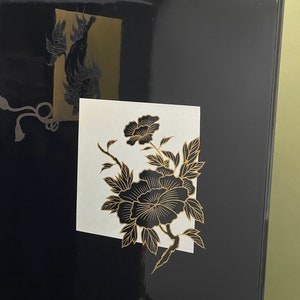 Pair of Byobu, Japanese folding Panels Set,Black lacquer, Japan Byobu Modern Gold & Silver folding screen H 27.5xW 60Vtg w/original box image 4