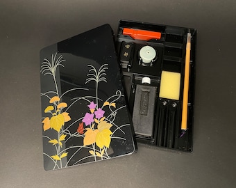 6pcs Set Japan Calligraphy, Echizen painted Bellflower box, Japanese Lacquer container, 2 layers Box, Calligraphy tools, ink.