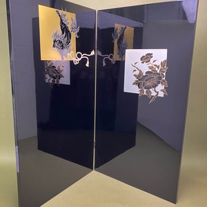 Pair of Byobu, Japanese folding Panels Set,Black lacquer, Japan Byobu Modern Gold & Silver folding screen H 27.5xW 60Vtg w/original box image 2