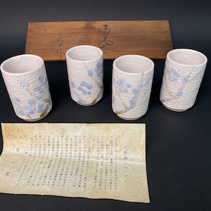 Shino ware yaki Tea Cup, Yunomi, from Toyama kiln, Cherry flower, Sakura pattern, NEW, open box