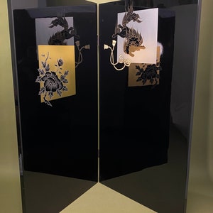 Pair of Byobu, Japanese folding Panels Set,Black lacquer, Japan Byobu Modern Gold & Silver folding screen H 27.5xW 60Vtg w/original box image 6