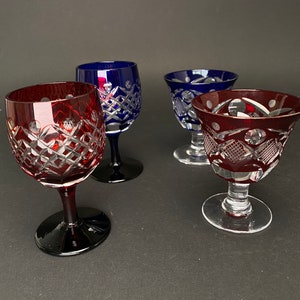 Japan Crystal Edo Kiriko goblet sake cups, Japanese Craft Shochu Goblet, Sake Shot Glass cup 3oz Blue and Red
