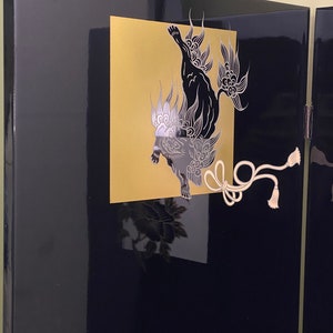 Pair of Byobu, Japanese folding Panels Set,Black lacquer, Japan Byobu Modern Gold & Silver folding screen H 27.5xW 60Vtg w/original box image 3