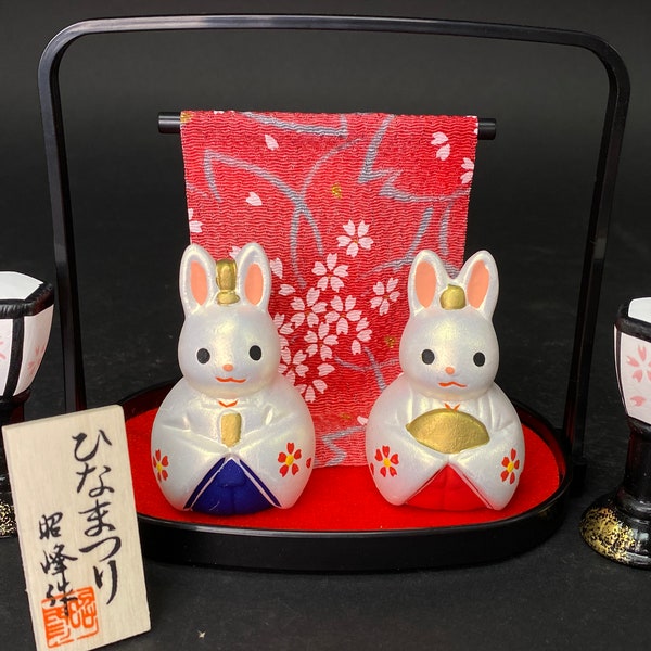 Pair Rabbits Set Ningyo, Japanese Hina Doll, Mino ware Japanese Pottery Doll, Japan Kago, Usagi Rabbit Kinsai Set