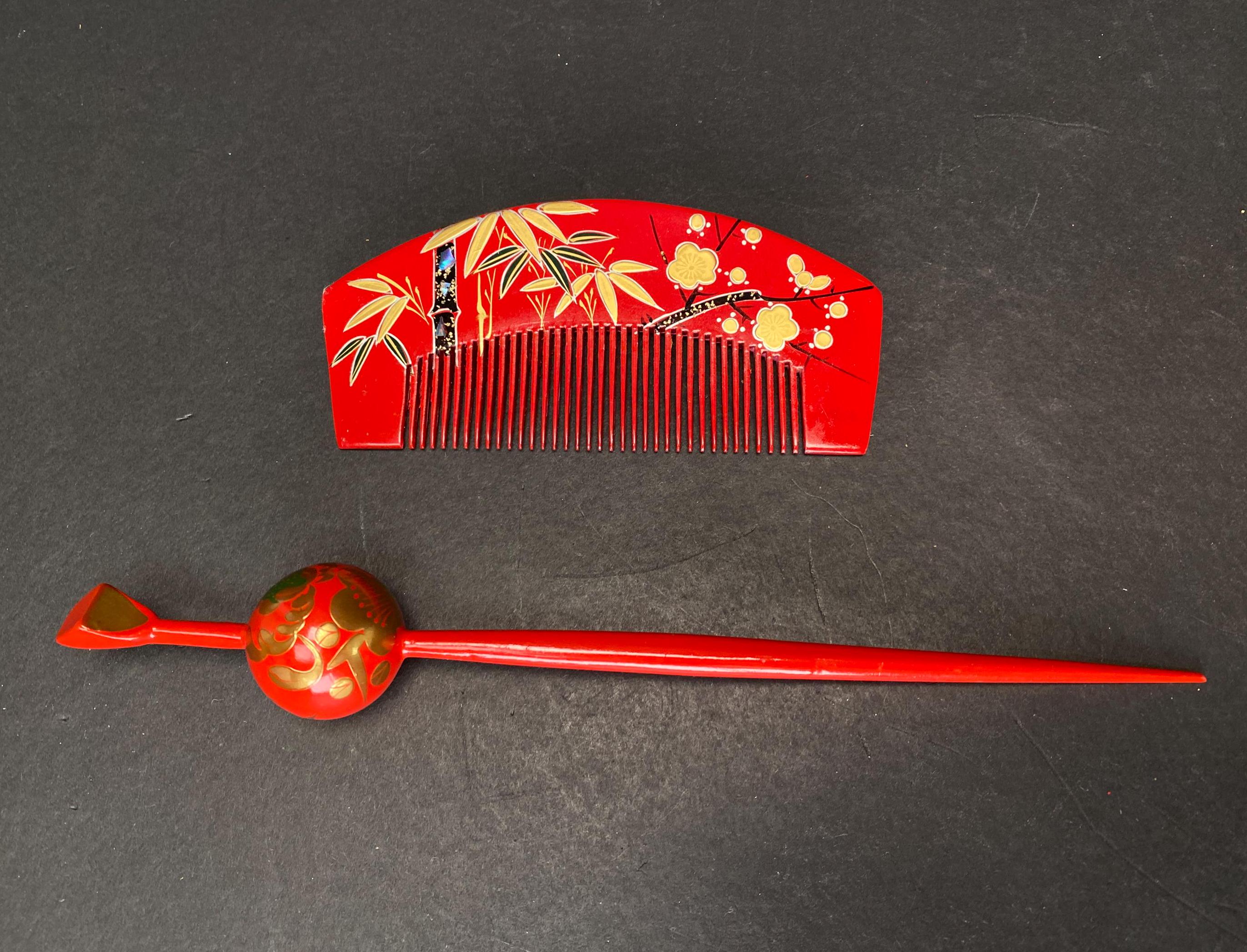 Art Nouveau Japanese Kanzashi Set Kushi Comb/Kōgai Stick, Maki-e Lacque GS717 Antique Objet d main image 2