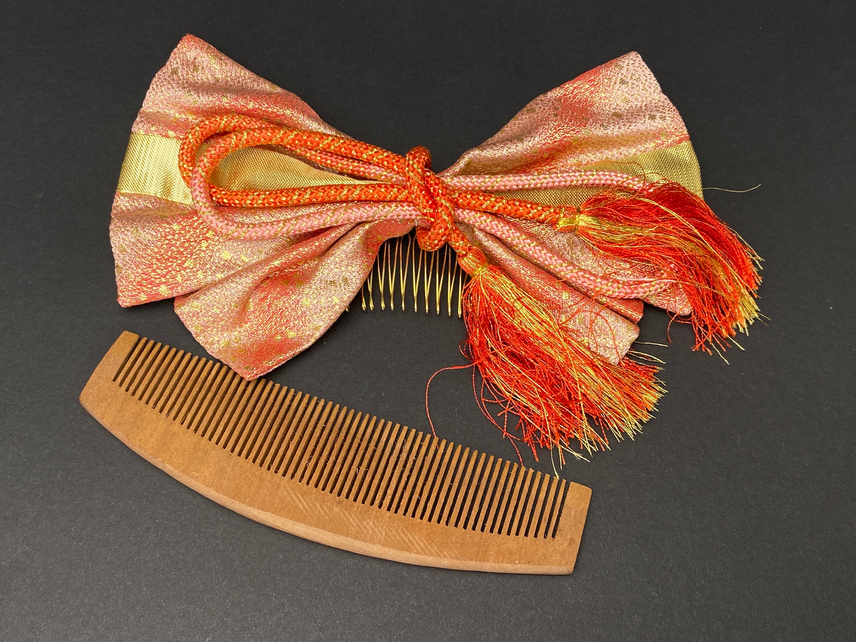 Japan Hair Kanzashi Set, Big Red&gold Bow Ribbon Set