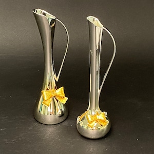 PAIR Slim Christmas Japanese flask SILVER Vases, Delicate Gold Ribbon, Bronze and Silver