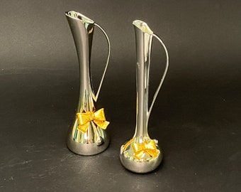 PAIR Slim Japanese flask SILVER Vases, Delicate Gold Ribbon, Bronze and Silver