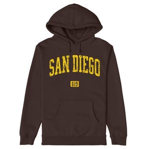 May include: A brown hoodie with a yellow vintage-style graphic that says "SAN DIEGO" with the number "619" underneath.