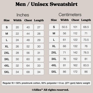 Puede incluir: Tabla de tallas para una sudadera unisex, que muestra las medidas en pulgadas y cent&iacute;metros para las tallas S a 5XL. La tabla incluye las medidas de ancho, pecho y largo.