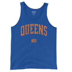 May include: A royal blue tank top with an orange distressed graphic that says "QUEENS 718".