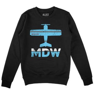 May include: Black sweatshirt featuring a blue and white airplane graphic with the text "MDW" in a distressed font. The airplane has red stars on its wings.