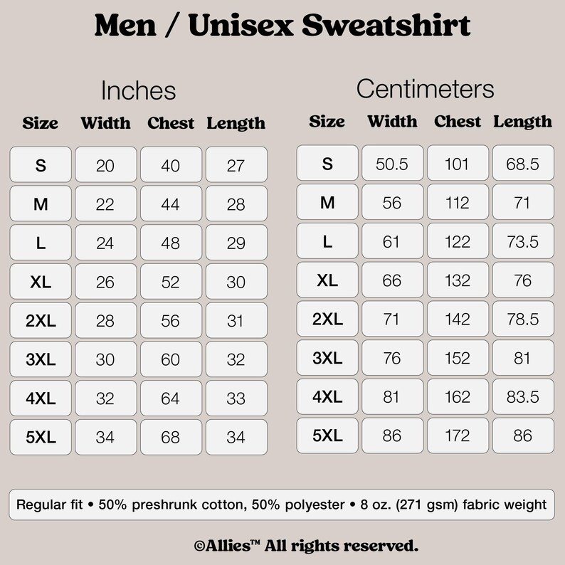 Peut inclure: Tableau des tailles pour un sweat-shirt unisexe, indiquant les mesures en pouces et en centim&egrave;tres pour les tailles S &agrave; 5XL. Le tableau comprend les mesures de largeur, de poitrine et de longueur.