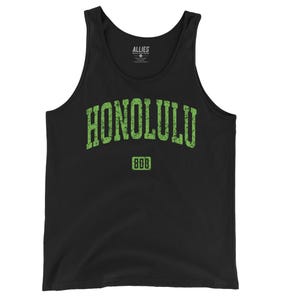 May include: Black tank top with a green distressed graphic that says "HONOLULU" with the number "808" underneath.