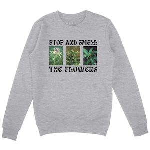 Può includere: Una felpa grigio chiaro con la scritta "STOP AND SMELL THE FLOWERS" in nero. Il design include tre immagini quadrate di piante. La felpa è uno stile girocollo.