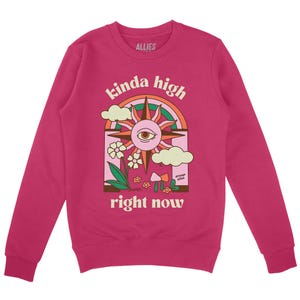 Puede incluir: Una sudadera rosa con un dise&ntilde;o gr&aacute;fico de un sol con un ojo, un arco&iacute;ris, setas y flores. El texto "kinda high right now" est&aacute; impreso en la sudadera.