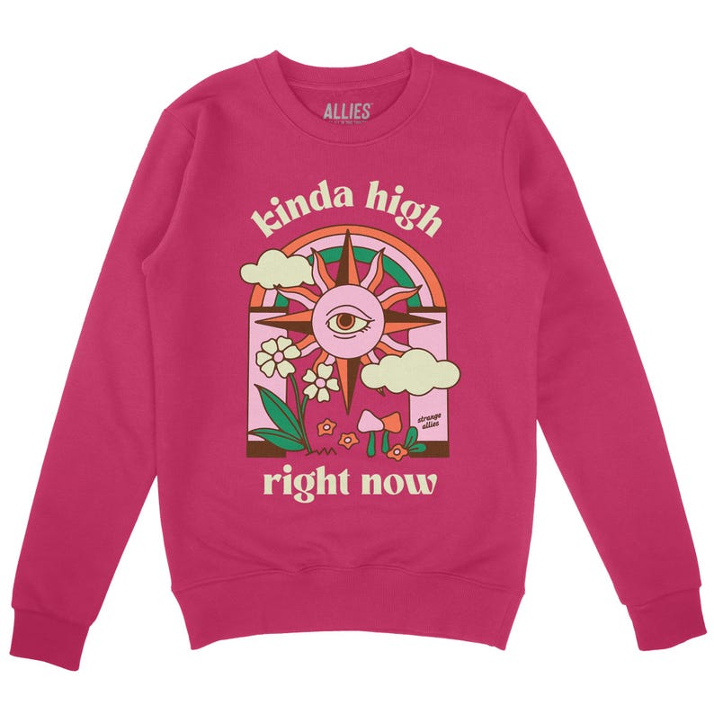 Puede incluir: Una sudadera rosa con un dise&ntilde;o gr&aacute;fico de un sol con un ojo, un arco&iacute;ris, setas y flores. El texto "kinda high right now" est&aacute; impreso en la sudadera.